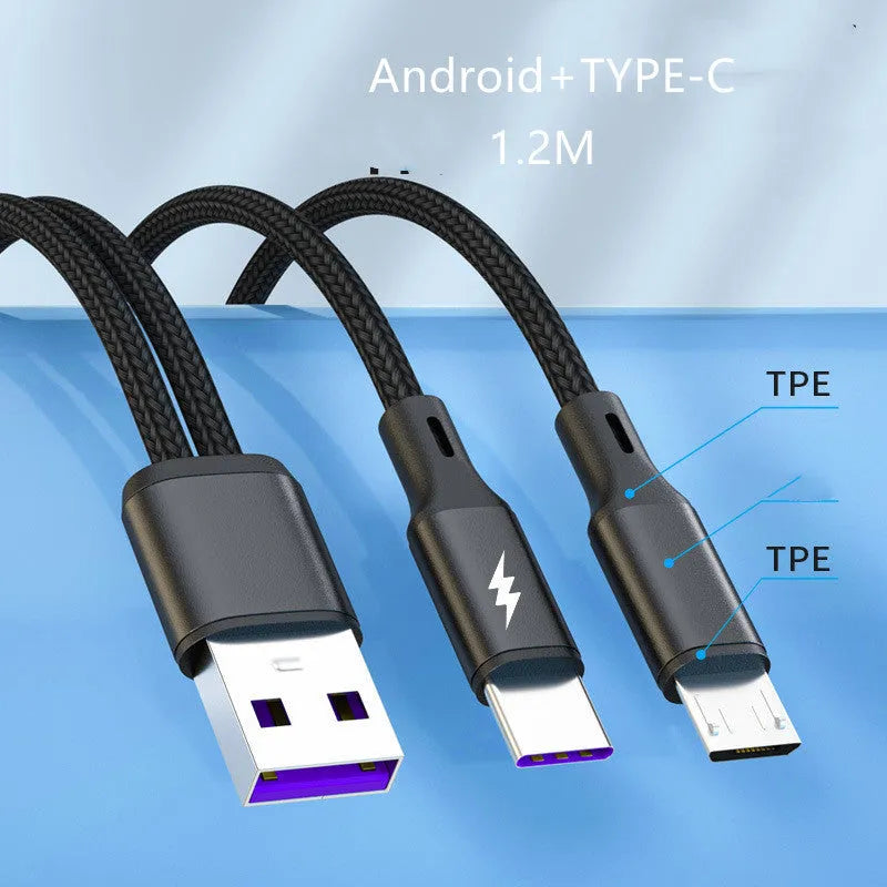 Black braided two-in-one fast charging cable with aluminium alloy connectors for Android devices