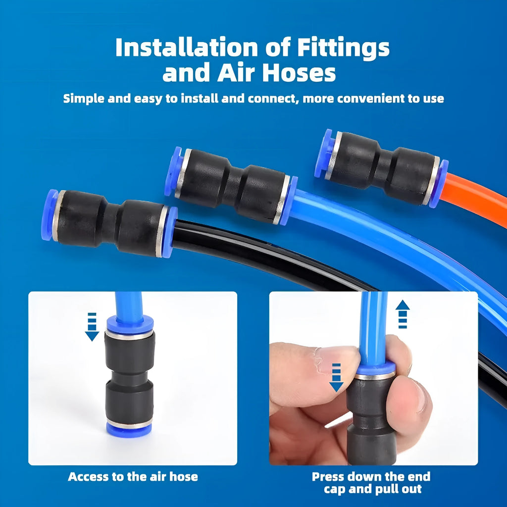 60-piece pneumatic push-in connector kit with R1/4 and R1/2 thread interfaces