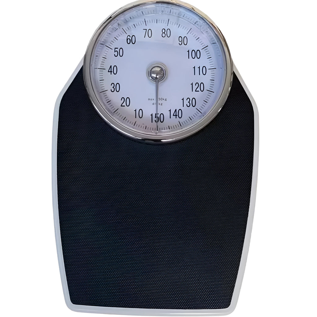 Black mechanical body weight scale with large dial measuring 47x35x11cm