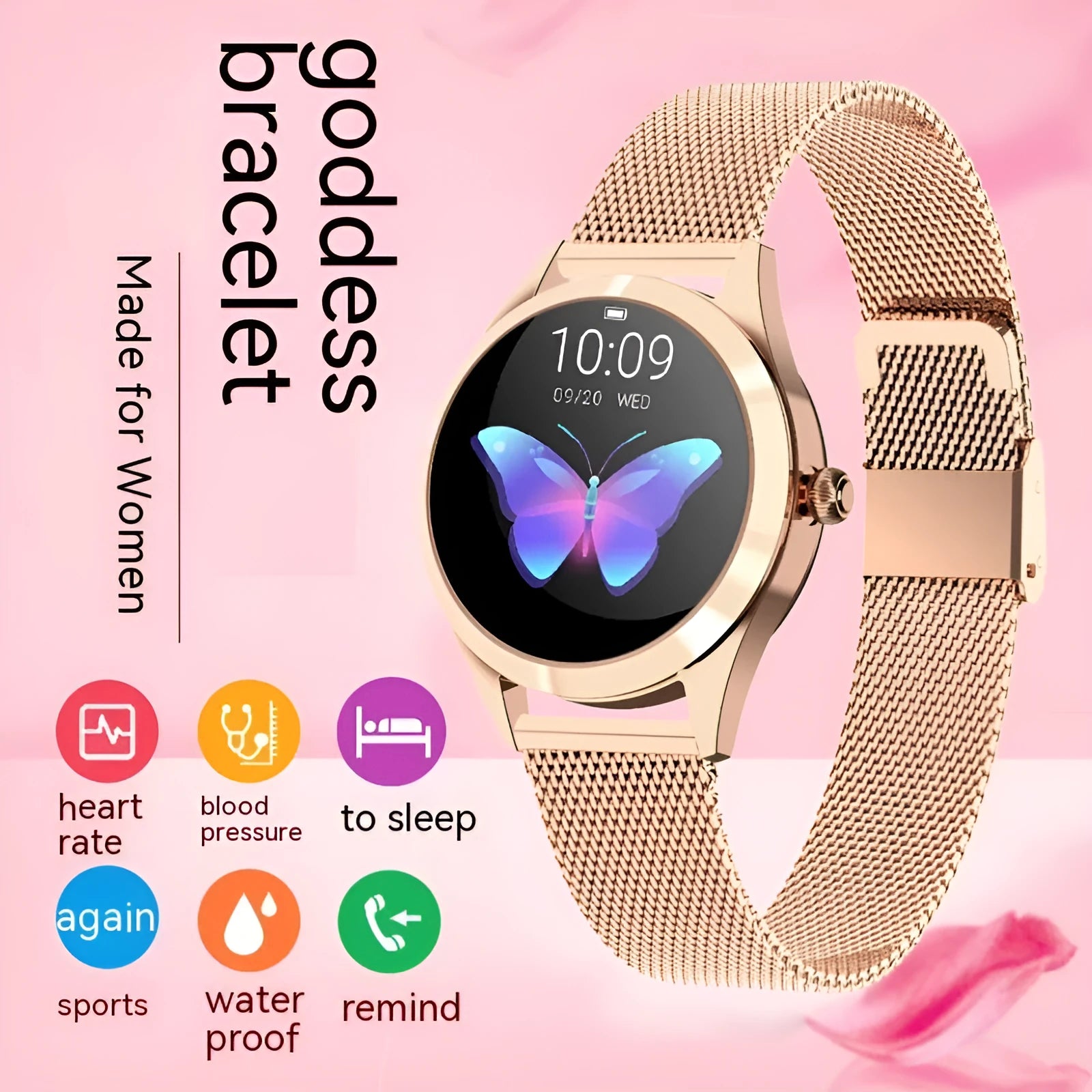 Women's sports smartwatch with heart rate monitor on wrist in rose gold colour