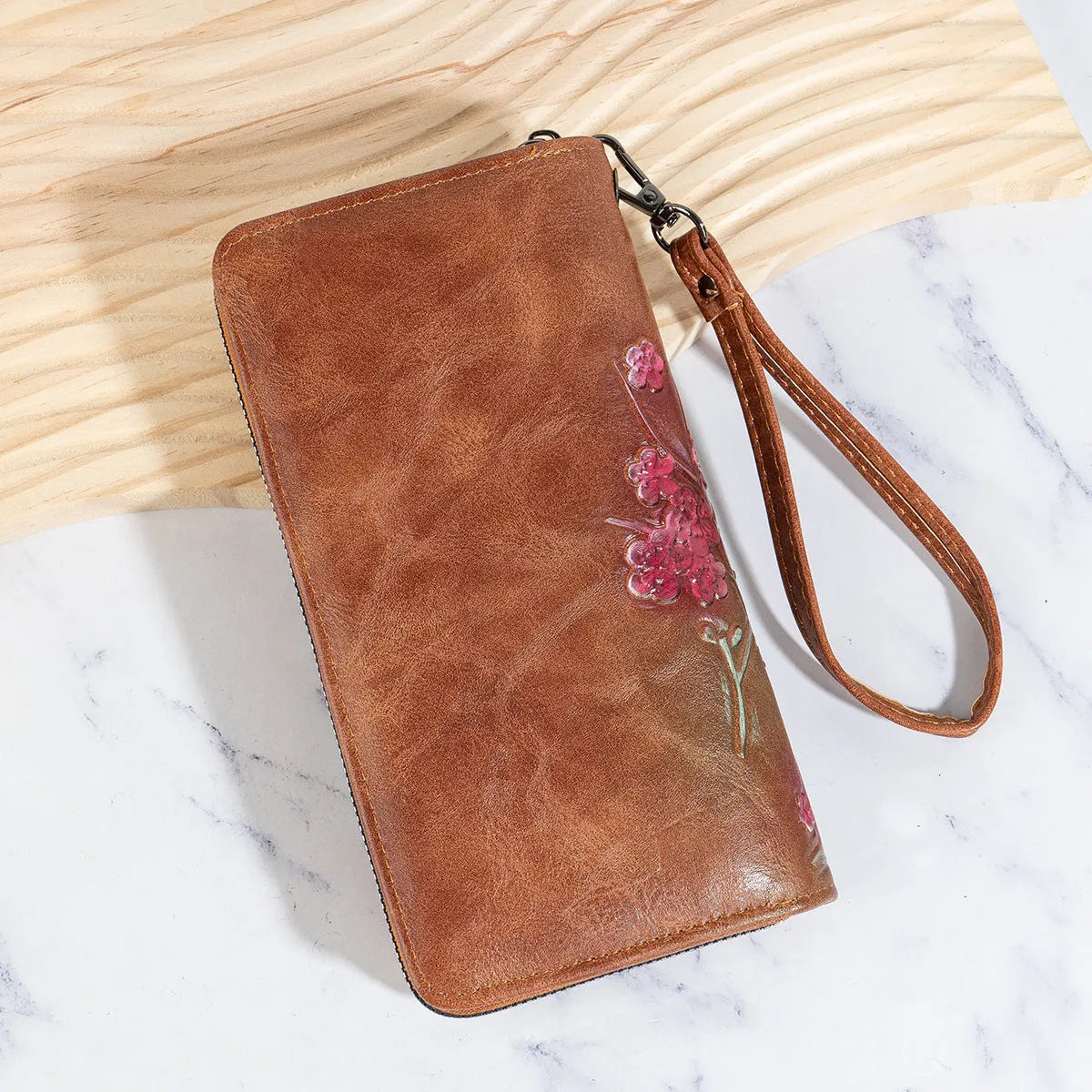 Embossed floral handbag with hand-painted Chinese details and zipper closure in black, brown, or coffee