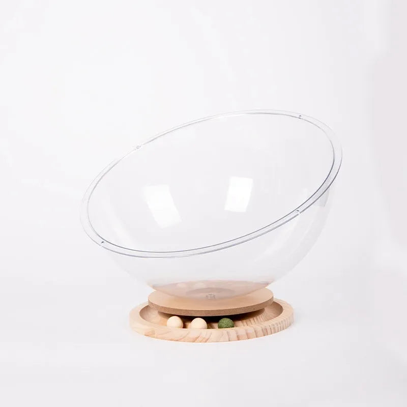 Transparent acrylic cat space capsule turntable bed with visible interior structure