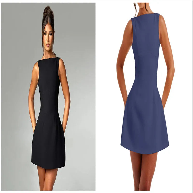 Slim-fitting backless sleeveless short dress in a sling style on a hanger.