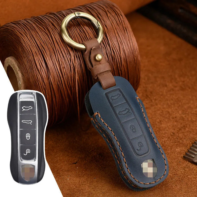 Porsche leather key case with retro bag buckle in blue or brown colour