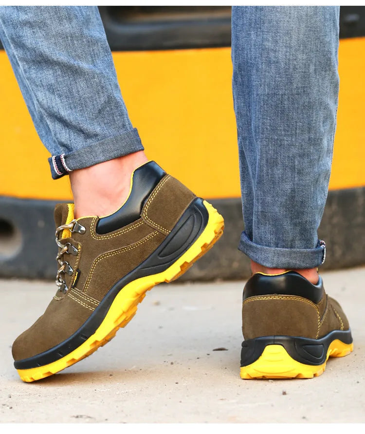 Bronze cowhide steel toe safety shoes with anti-skid sole for workplace protection