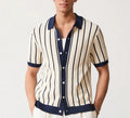 White men's knitted jumper with asymmetric design and striped pattern, featuring a lapel collar and short sleeves.