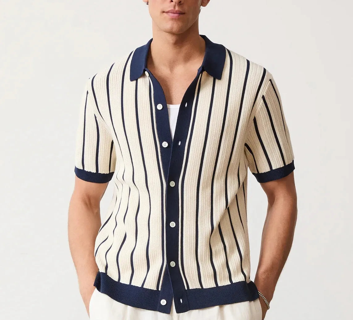 White men's knitted jumper with asymmetric design and striped pattern, featuring a lapel collar and short sleeves.