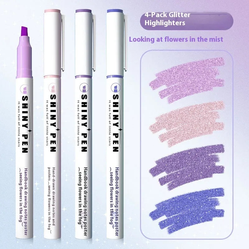 Set of four glitter highlighter pens with slanted tips showing six glitter ink colours including taro puff and mung bean smoothie