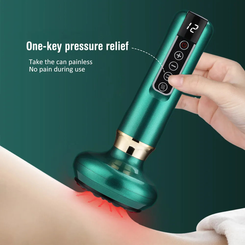 Green electric vacuum cupping massager device with suction cups and USB charger.