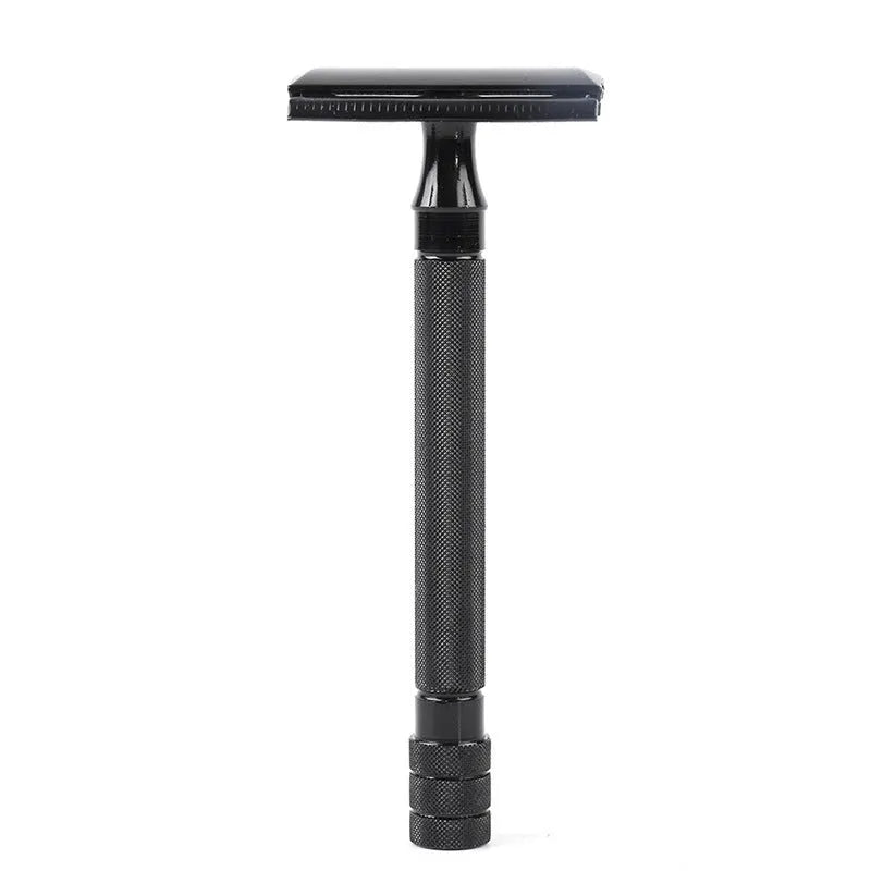 Traditional manual pogonotomy metal razor with brush in black or silver finish