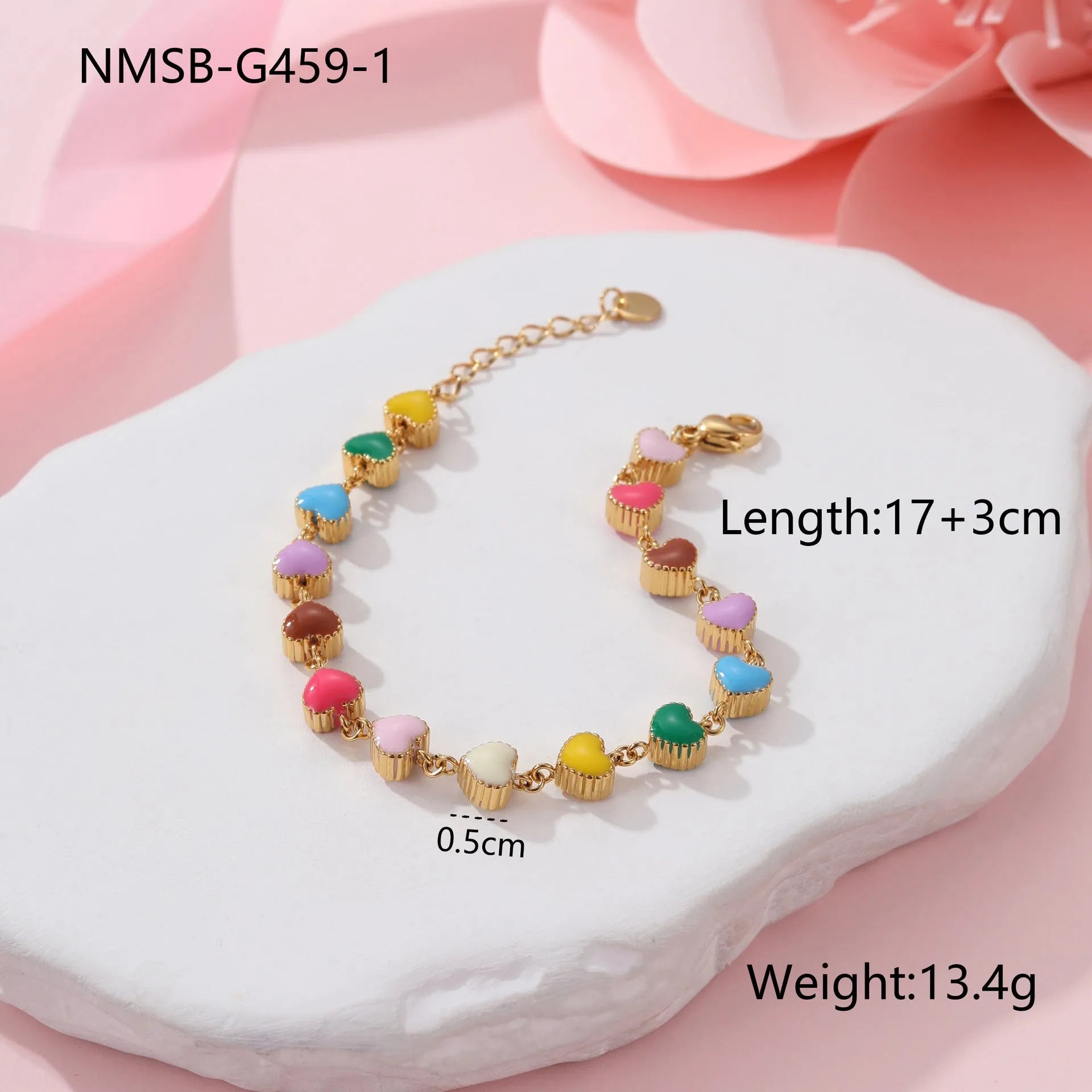 Love heart-shaped colourful oil necklace bracelet in stainless steel with gold electroplated finish
