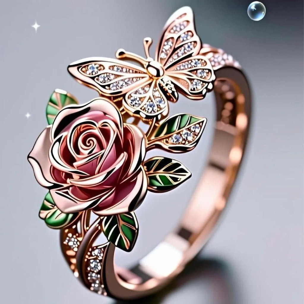 Adjustable butterfly personality ring with colourful oil drip effect and rose flower detailing