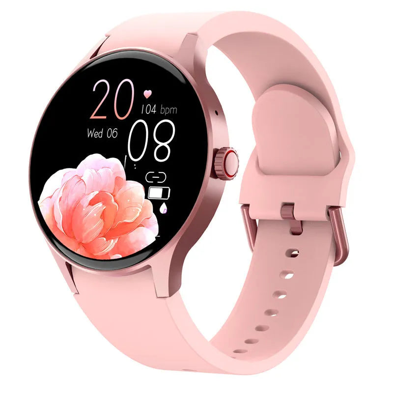 Round smartwatch with colour touchscreen display showing fitness metrics on wrist