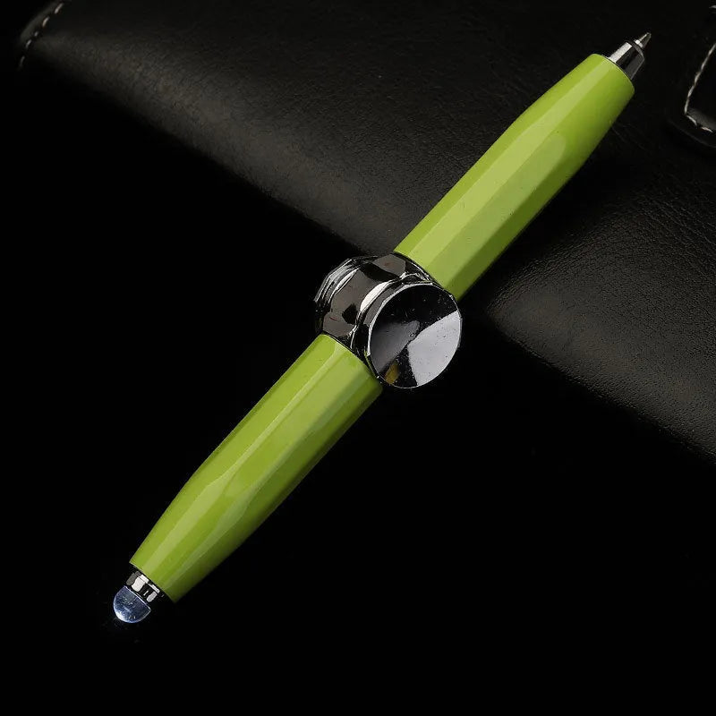 Metal ballpoint pen with a built-in fingertip gyro spinner and LED light, shown in multiple ink colour options.