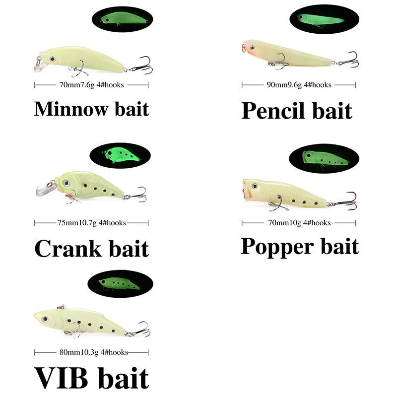 Set of 5 fluorescent simulation hard bait fishing lures with 3D submerged luminous design