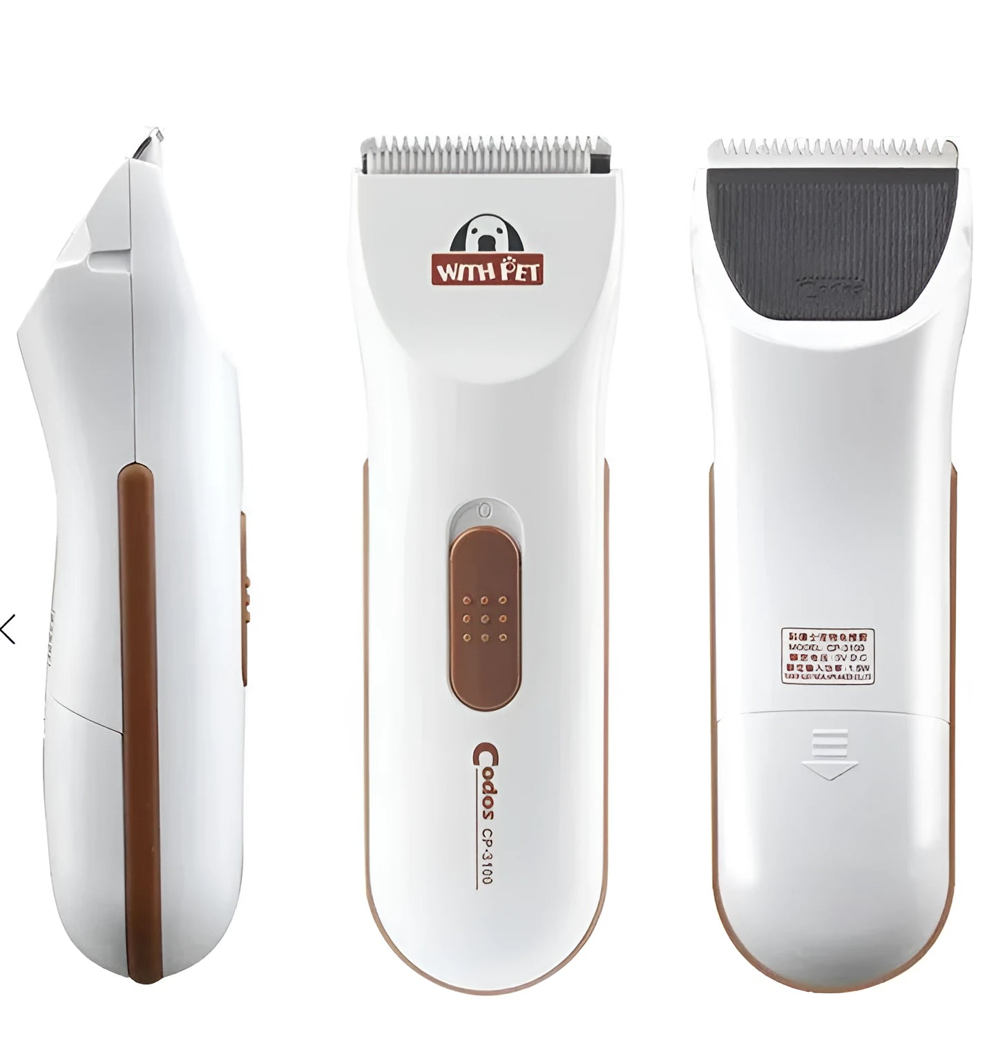 White electric pet hair clipper with ceramic blade for dog and cat grooming using AA batteries