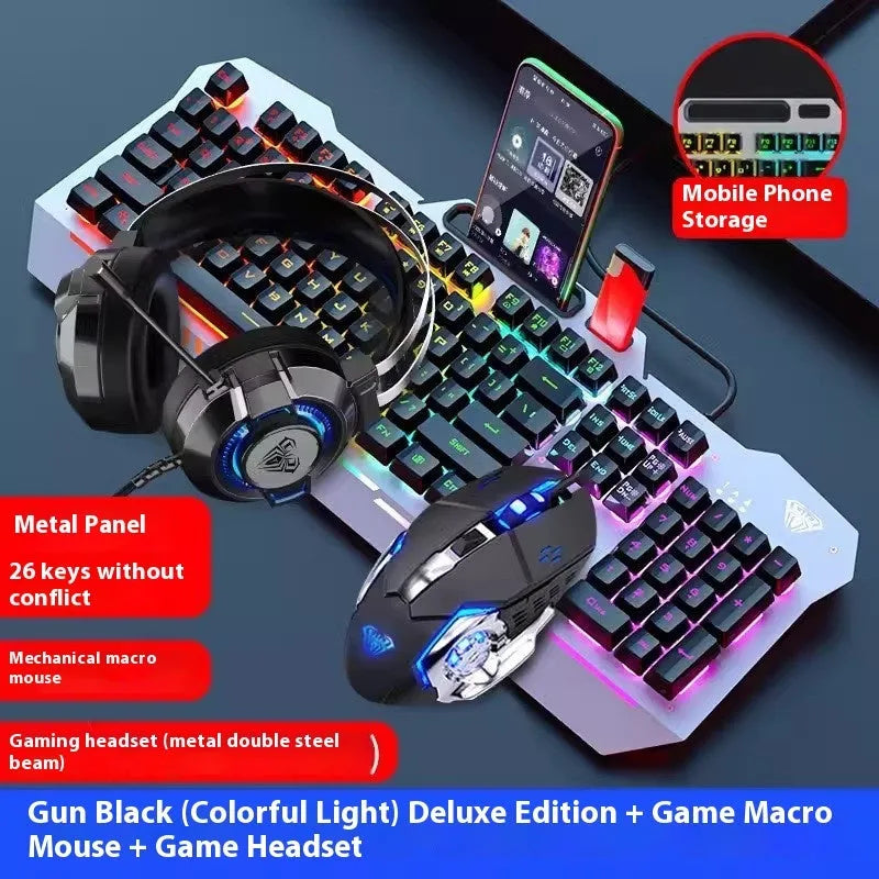 Metal mechanical keyboard bundle with gaming mouse, headset, and optional mouse pad on a desk.