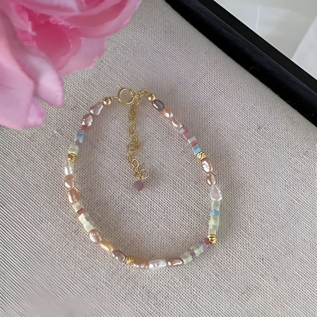 Purple natural pearl bracelet and necklace set on 14K gold-plated silver with U-shaped design