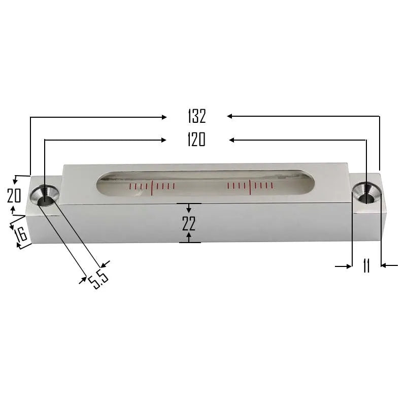 Metal and glass miniature precision spirit level for machine tools, showing 132mm length.