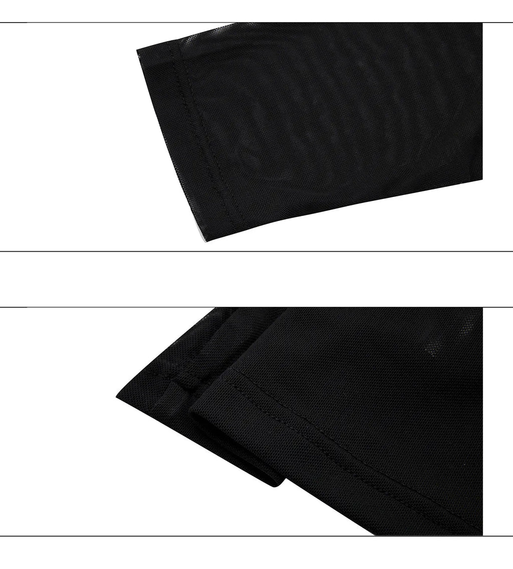 Slim fit black mesh bottoming shirt with long sleeves on a mannequin