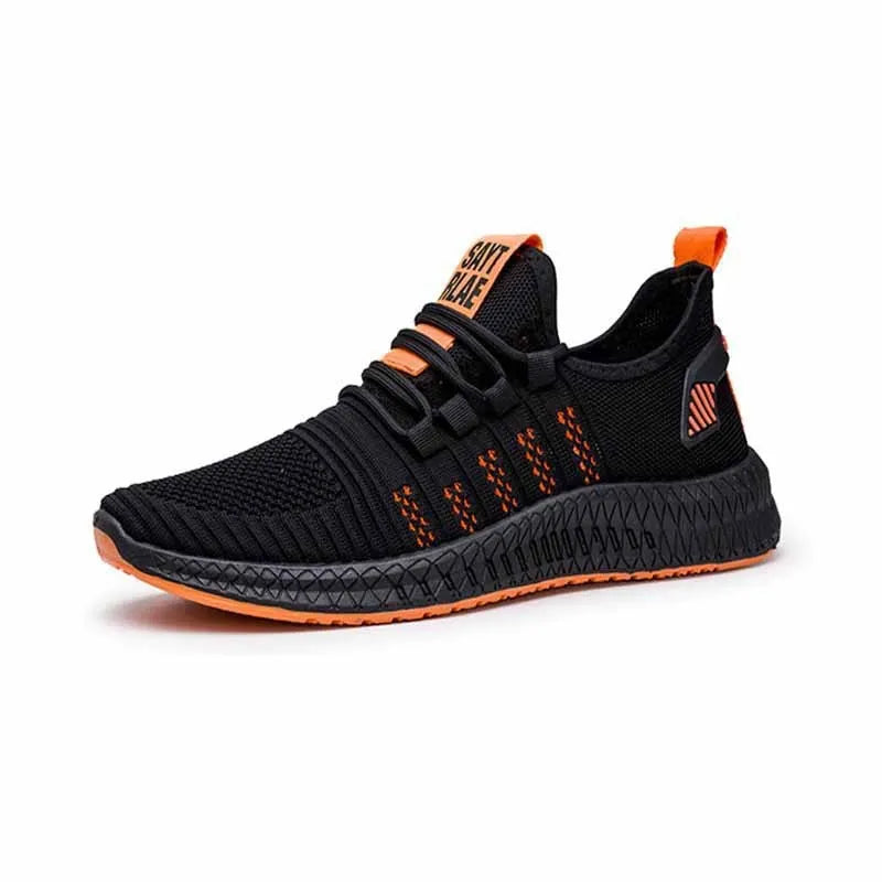 Men's black casual sports shoes with Flying Weave upper and flat low-heel profile.