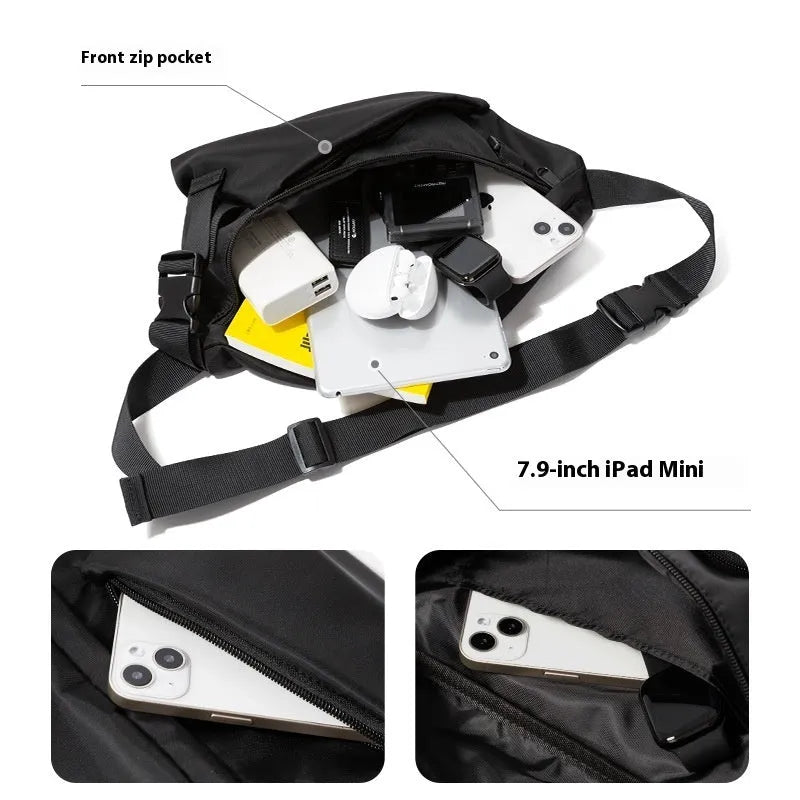 Black slanted chest bag made from Oxford fabric with sewing line details