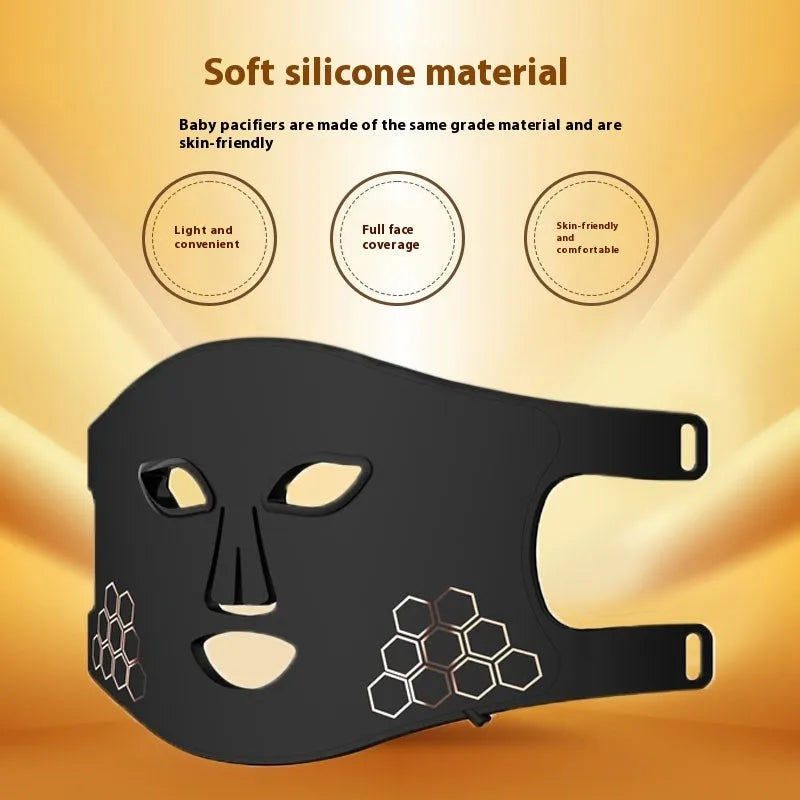 Black four-colour LED photon beauty mask with neck care strap and adjustable settings