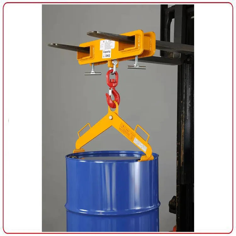 MK forklift rotatable crane hook with safety locking device mounted on forklift forks.