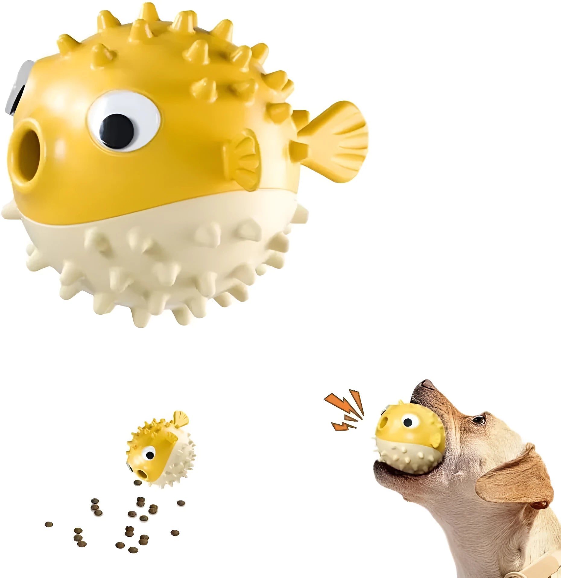 Green fish-shaped dog chew toy with treat dispensing hole and textured surface