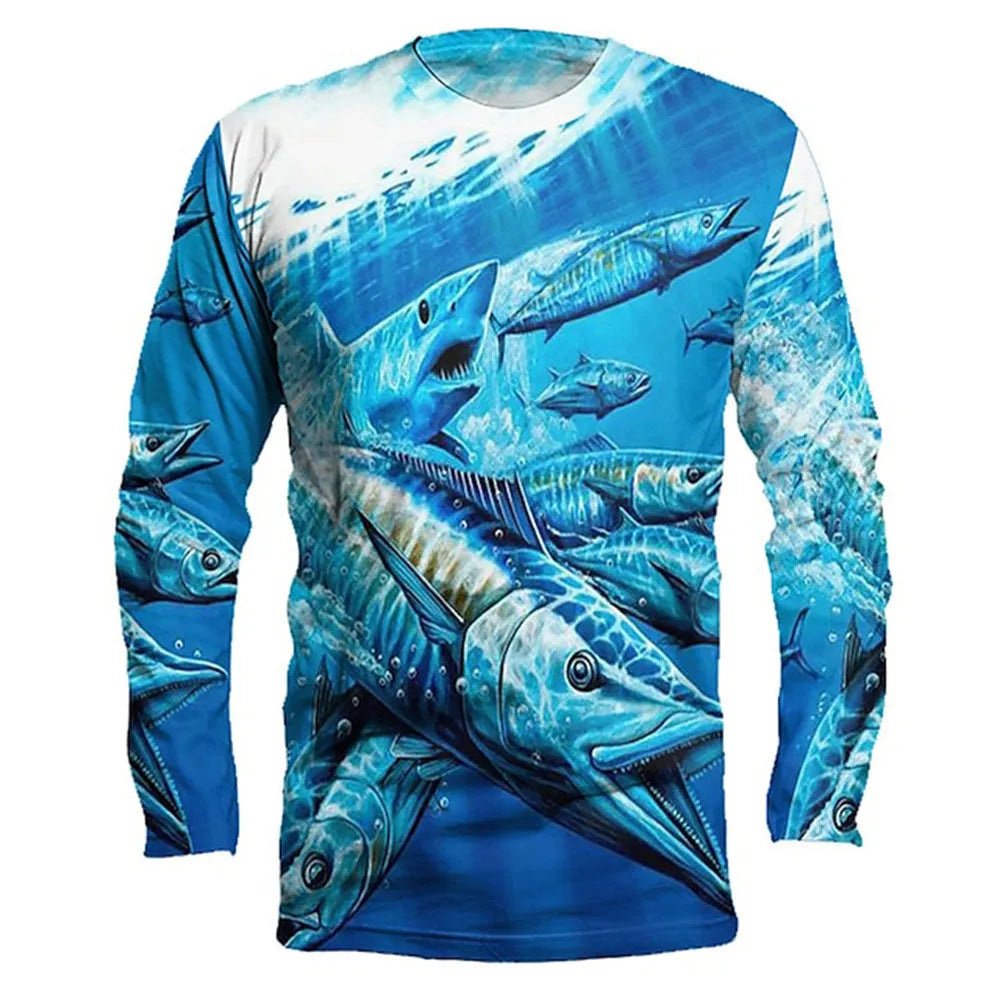 Men's grey pullover sweater with a detailed all-over fish print, featuring a round neck and long sleeves.