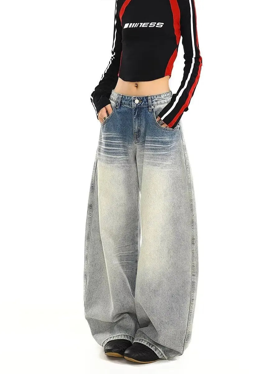 Blue straight leg cotton pants with retro design and mid-rise waist on woman