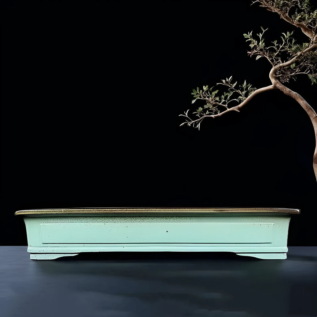 Handmade green ceramic bonsai pot with retro purple sand crackled glaze finish