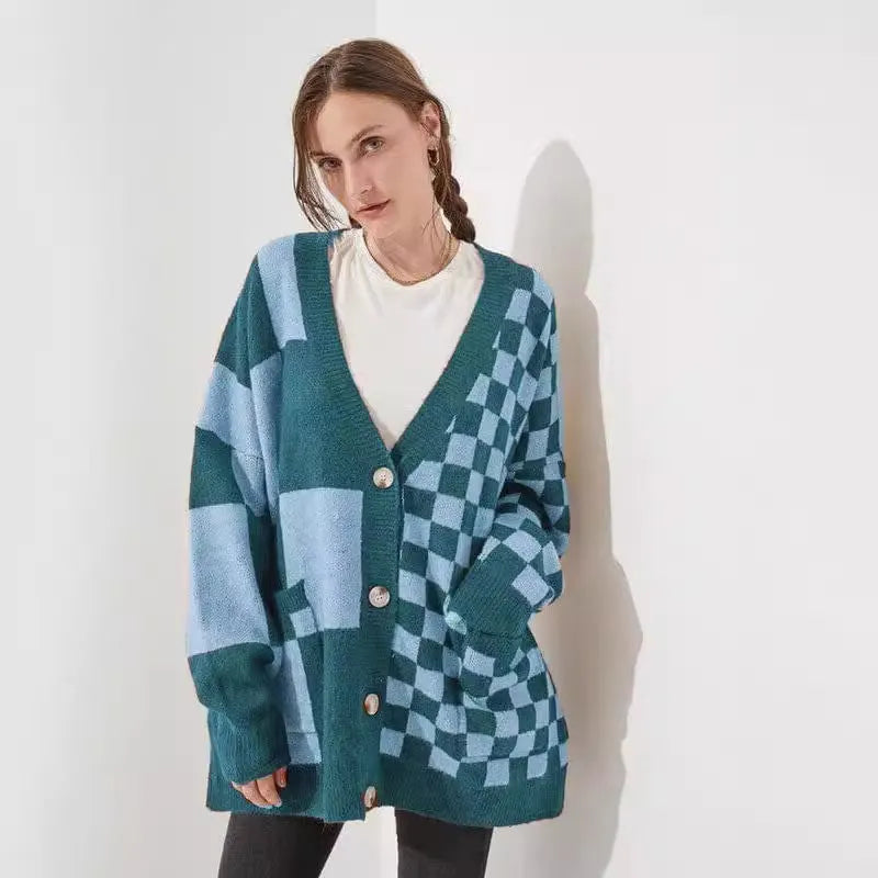 Grey printed checks knitwear cardigan on a model, showing loose slim fit and regular sleeves.