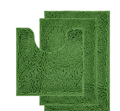 Chenille bathroom carpet three-piece set showing U-shaped toilet mat and two rectangular rugs in green.