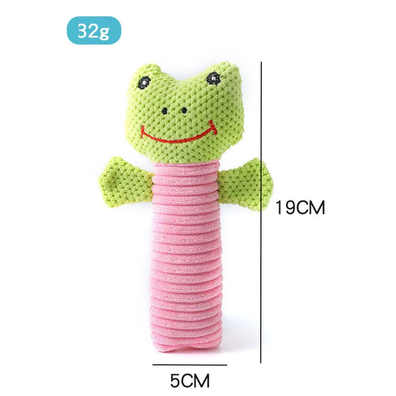 Soft plush dog chew toy in calf, frog, or puppy design with squeaker for dental care