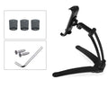 Silver aluminium alloy tablet stand with white mount and adjustable clip on a desktop