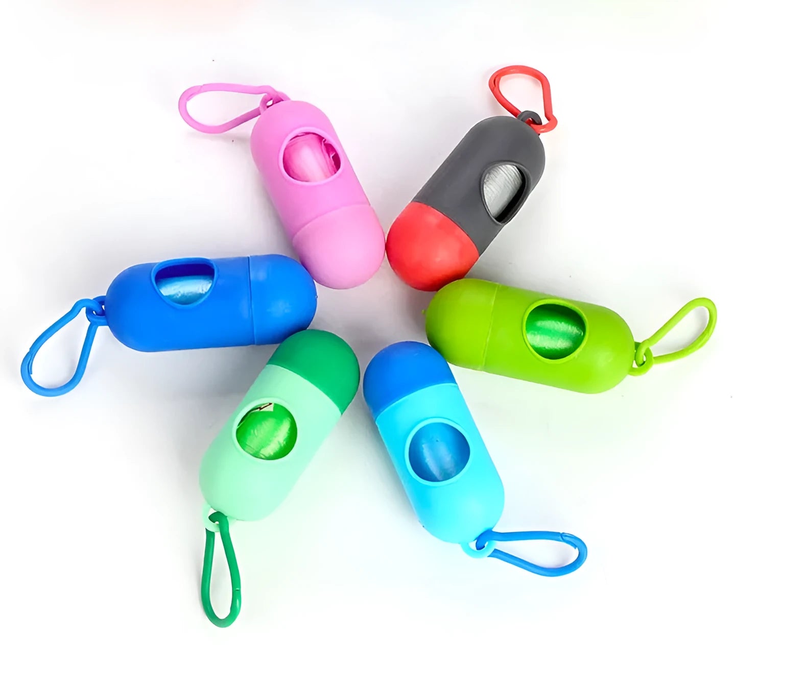 Pet waste bags in six colours showing black, blue, green, light blue, pink and red options