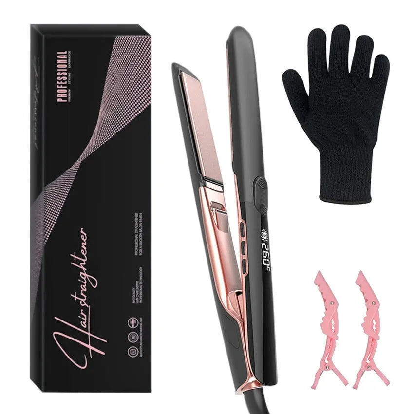 Hair straightener and curler with digital temperature display showing 207°C