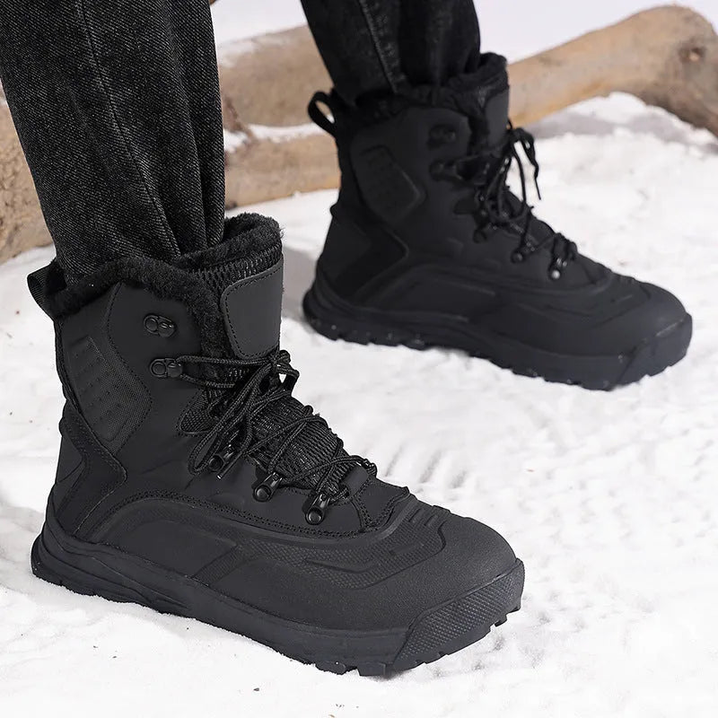 Men's black and khaki velvet high-top boots with fleece lining and lace-up front
