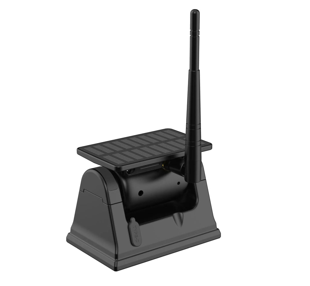 Solar wireless charging vehicle reversing camera with aluminium alloy shell and magnet on black mount.
