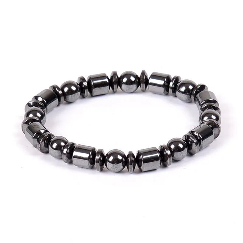 Black pentagram stone magnetic therapy bracelet with stretch fit on wrist