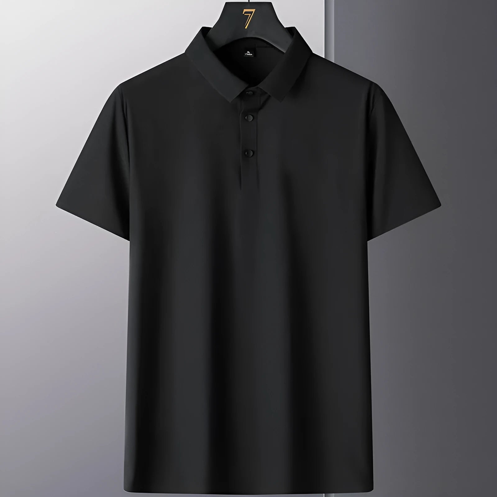 Men's solid colour non-ironing short sleeve shirt in a business casual style on a hanger.