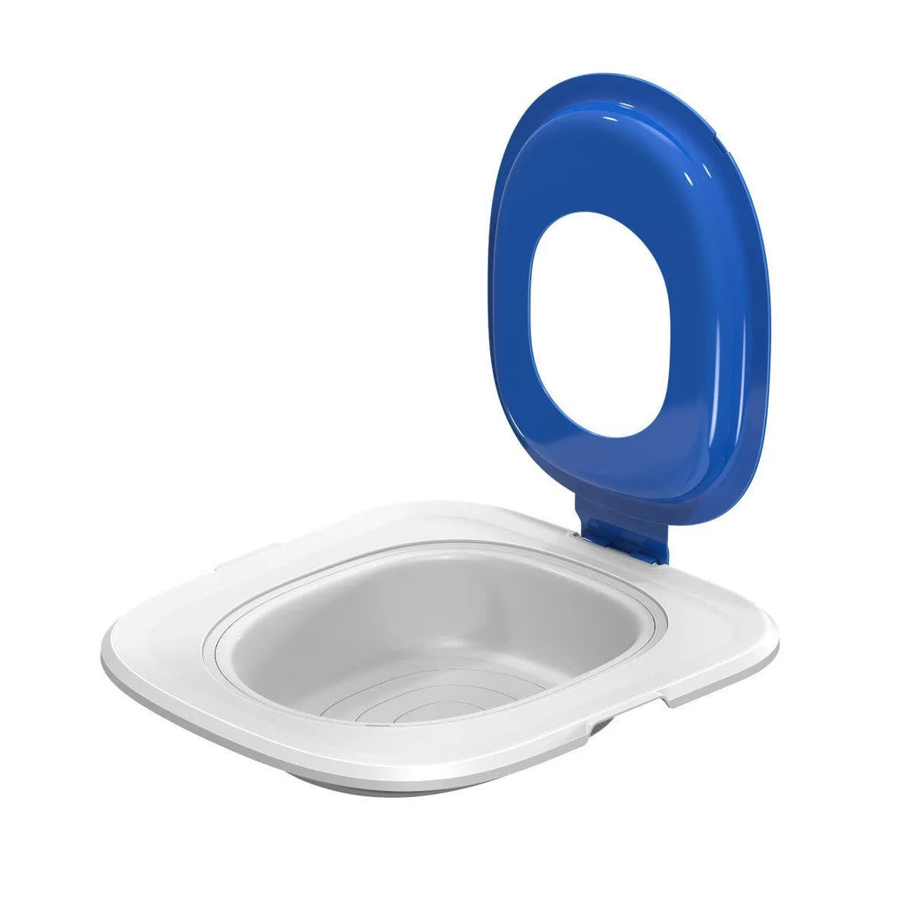 Fifth generation cat toilet trainer in blue ABS plastic with new shape design for litter training on a white background