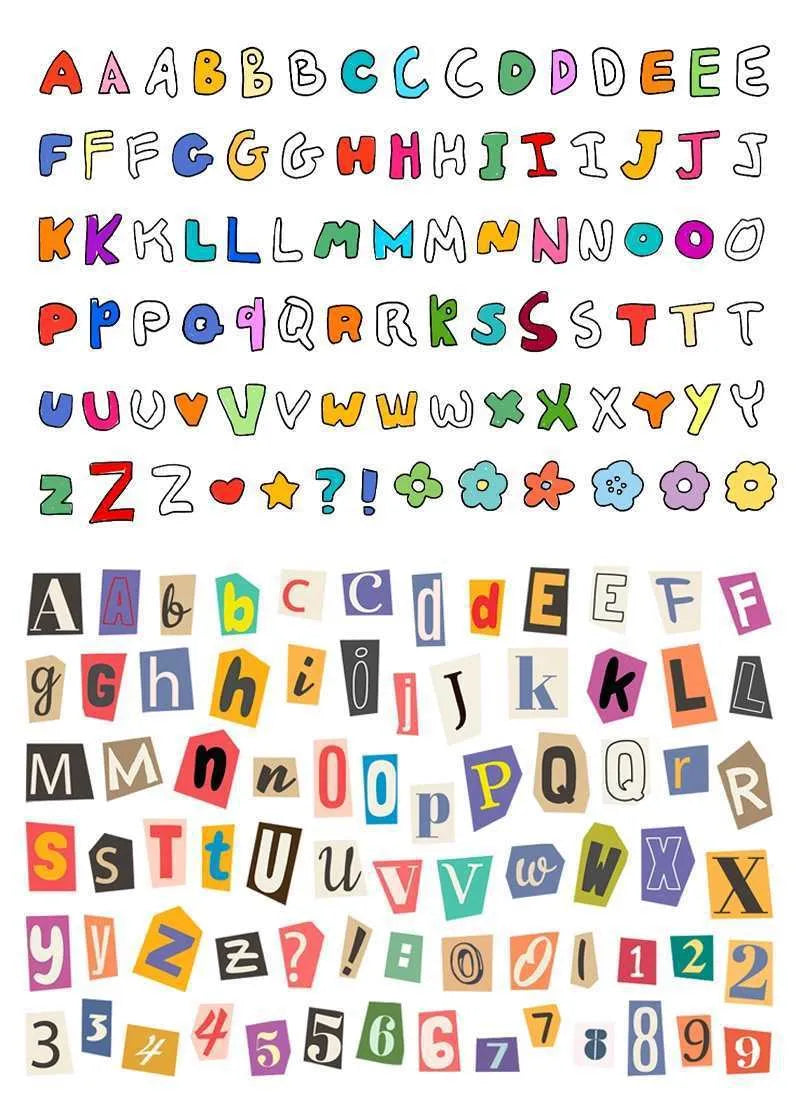 Set of printed English letter, number, and weekly word decoration stickers in assorted colours, laid out flat.