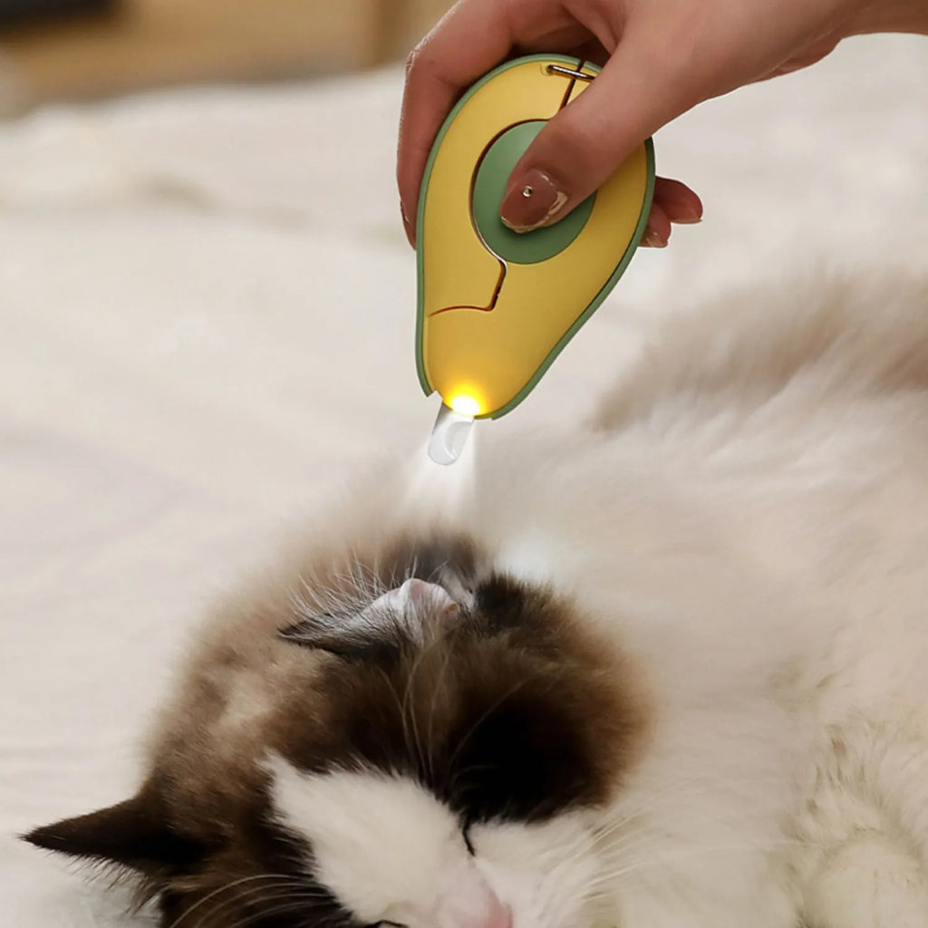 Professional pet nail clipper with LED light on, showing green handle and stainless steel blades for small dogs and cats.