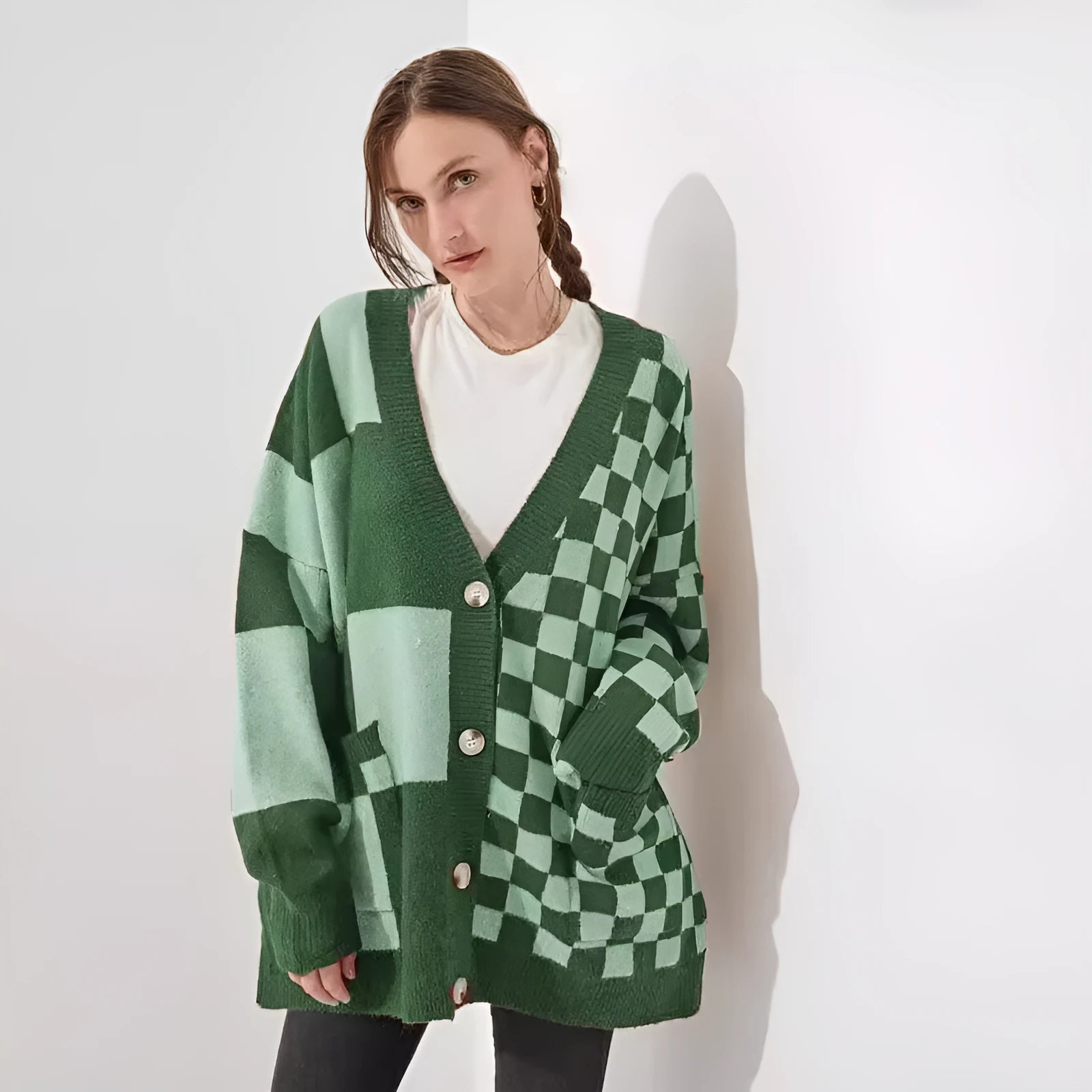 Grey printed checks knitwear cardigan on a model, showing loose slim fit and regular sleeves.