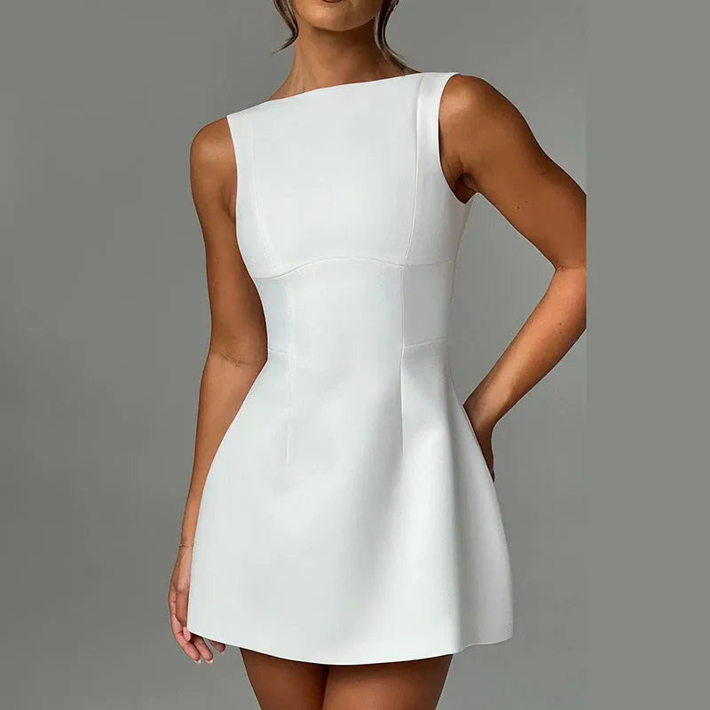 Slim-fitting backless sleeveless short dress in a sling style on a hanger.
