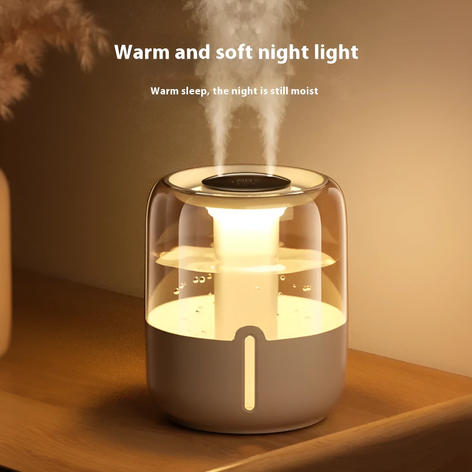 Beige round large capacity USB humidifier with dual spray nozzles, night light, and display
