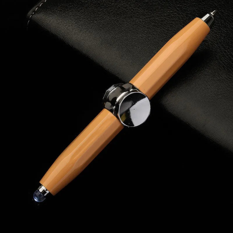 Metal ballpoint pen with a built-in fingertip gyro spinner and LED light, shown in multiple ink colour options.