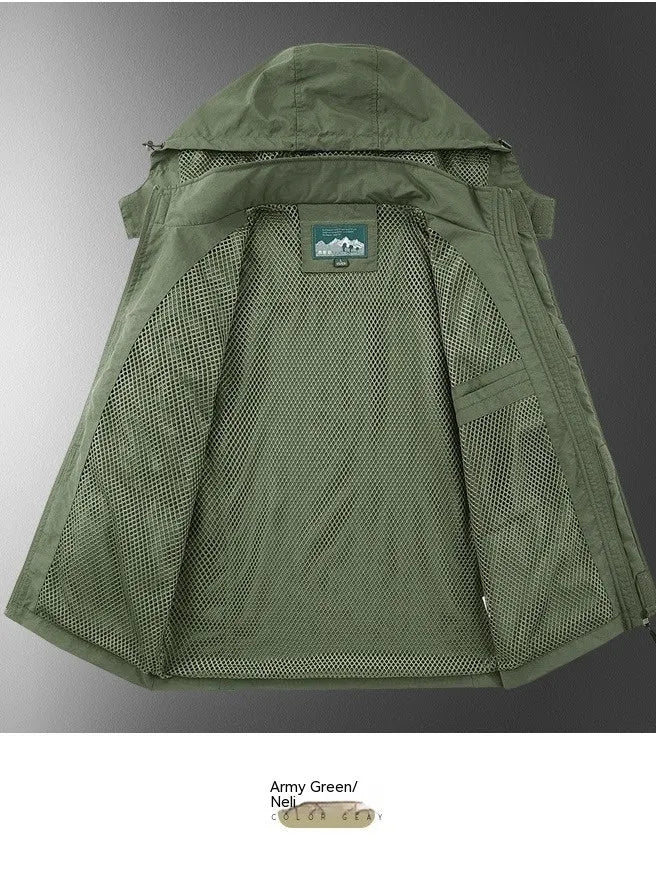 Outdoor shell jacket overalls jacket in khaki with patch pockets, nylon blend, Japanese-style cut